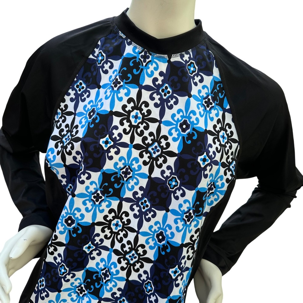 Lands End Womens Rash Guard Long Sleeve Swim Top Blue Black Tile Print UV New